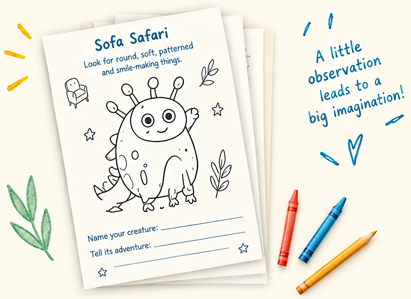 Sofa Safari activity sheets with crayons and a pencil