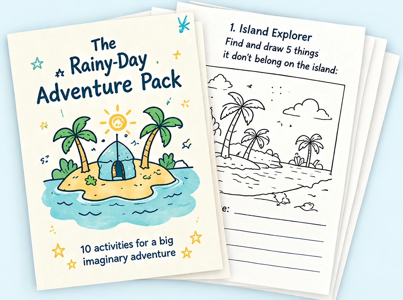 The Rainy-Day Adventure Pack cover and its first page