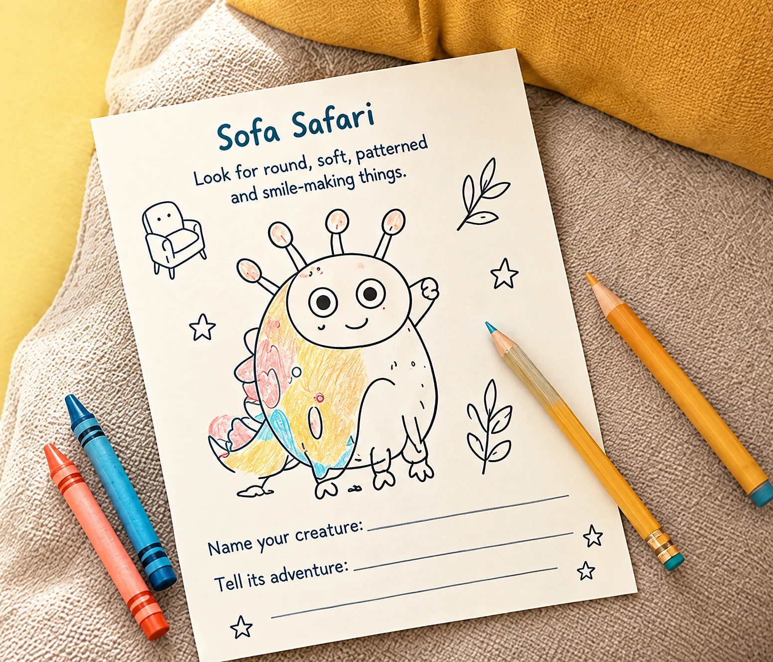 A printed Sofa Safari page with a half-coloured creature, crayons and pencils on a sofa cushion